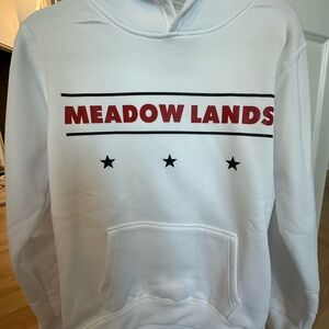 White Meadow Lands Hoodie with Red and Black Accents